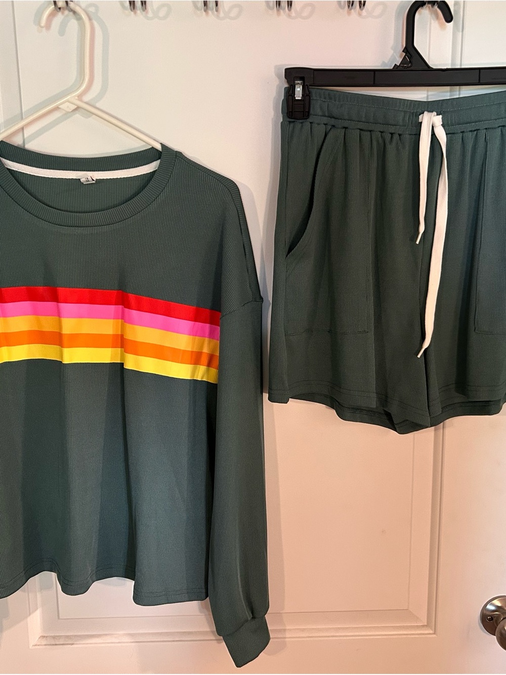 Green Long-Sleeve Set with Multicolor Stripe
